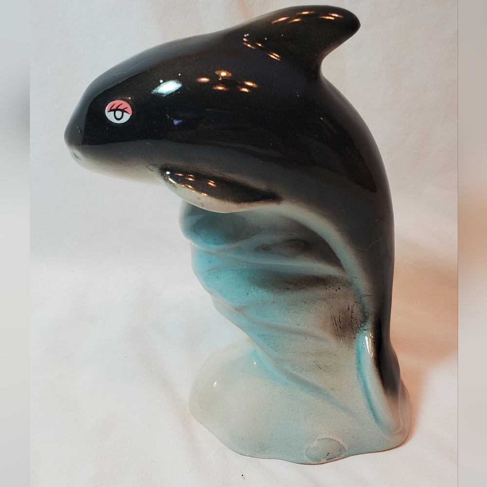 Black White Vtg Ceramic Dolphin Orca On Waves Figurine Handcrafted MCS Brazil